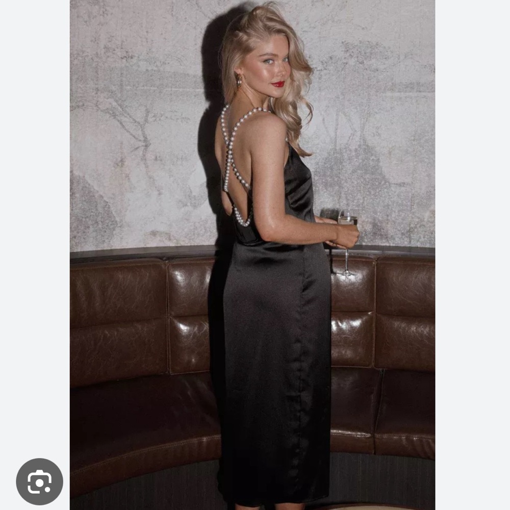 NWT petal and pup Waldorf open back embellished pearl midi dress black